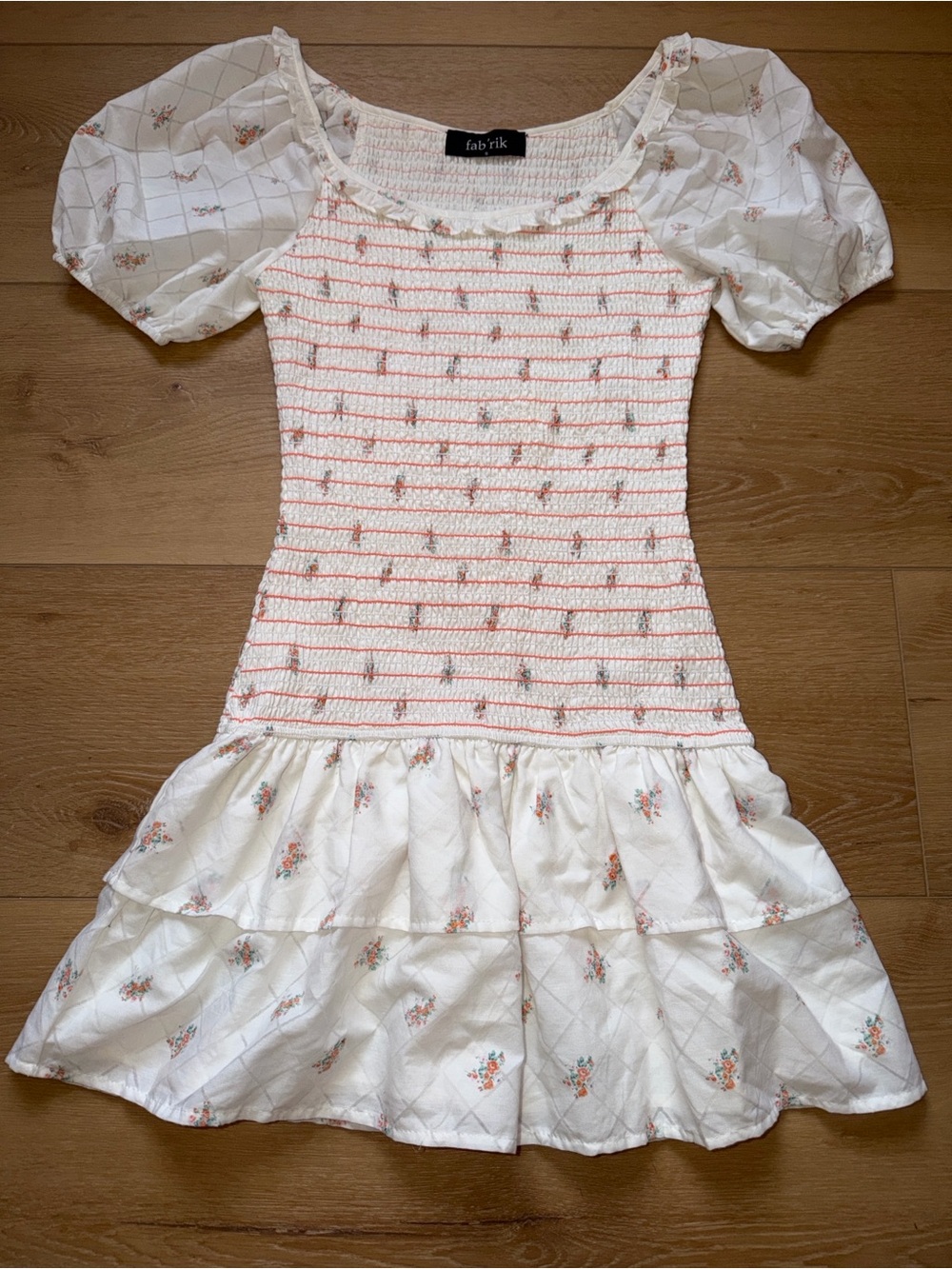 fab'rik White & Light Orange/Peach Floral Cottagecore Mini Dress